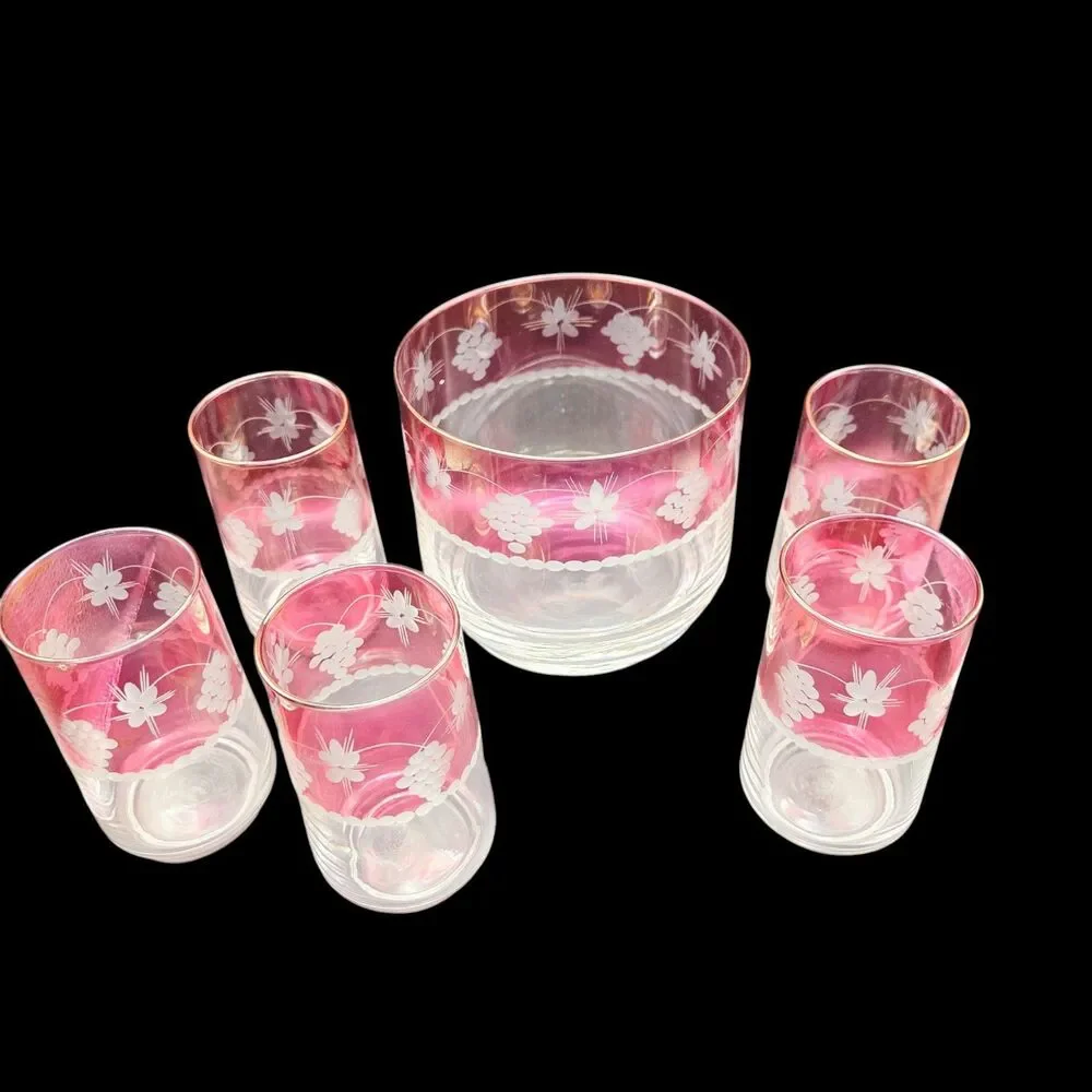 Vintage Red Flash Grape Glass Ice Bucket & 5 Old Fashioned Tumblers Set